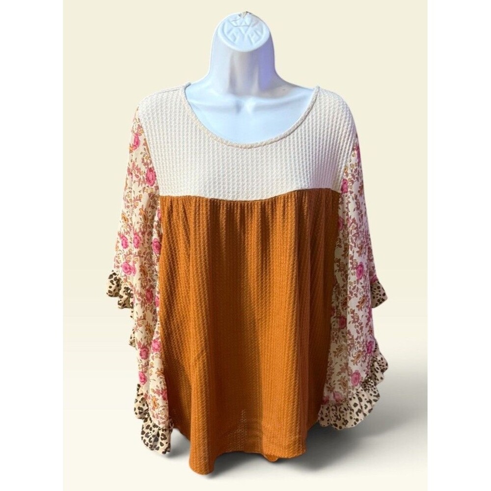 Umgee USA XL Waffle Knit Floral Leopard Print Babydoll Tunic Top Boho Chic